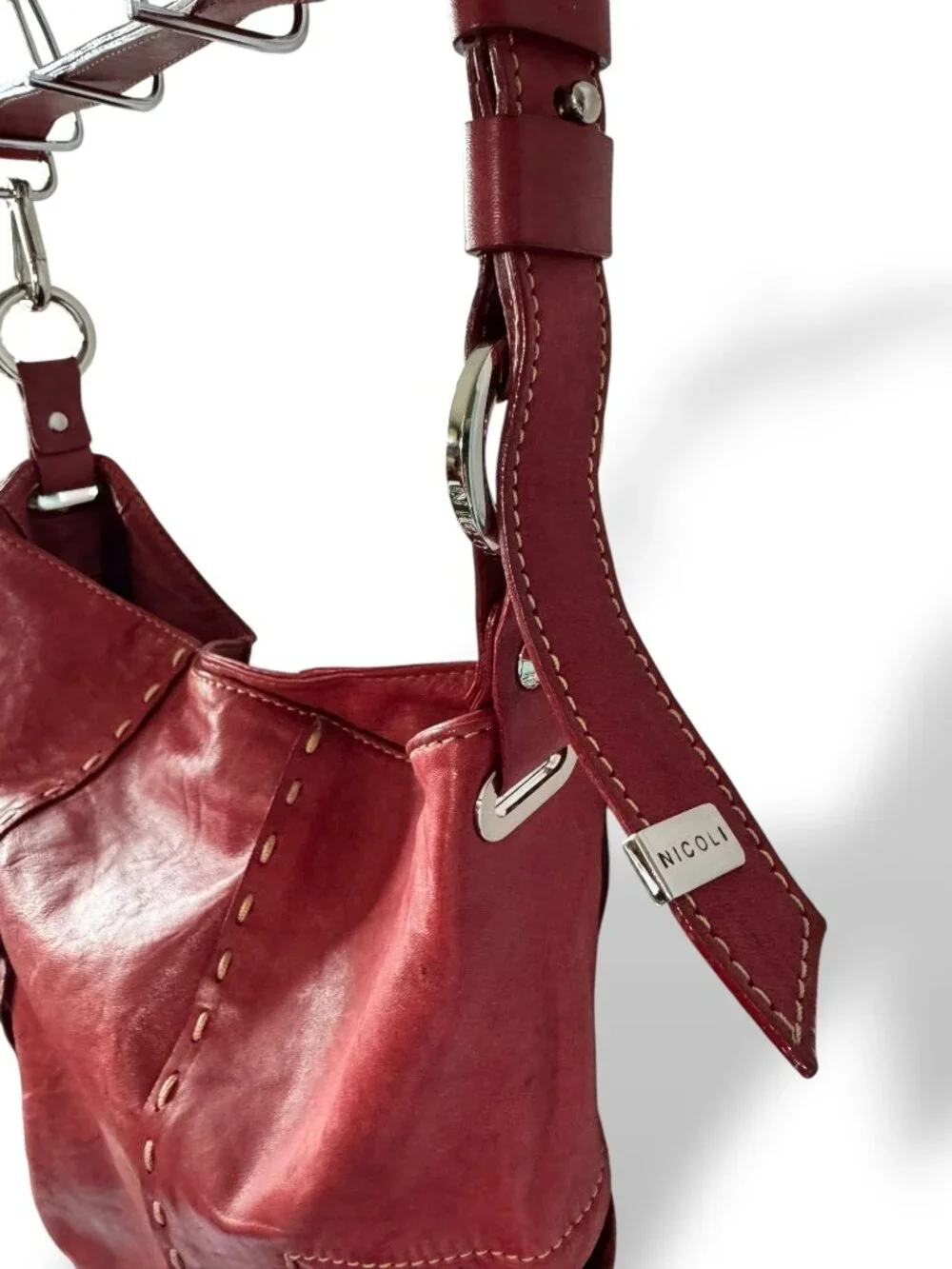 Nicoli Red Leather Shoulder Bag Adjustable Strap Soft Stitch Detail